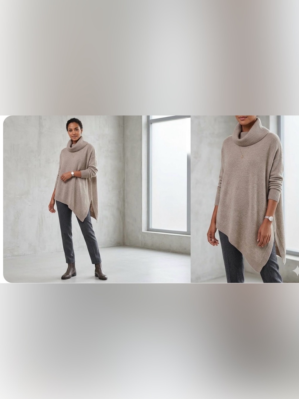 360 Cashmere Asymmetric Turtleneck Poncho Sweater Taupe / Brown 0216